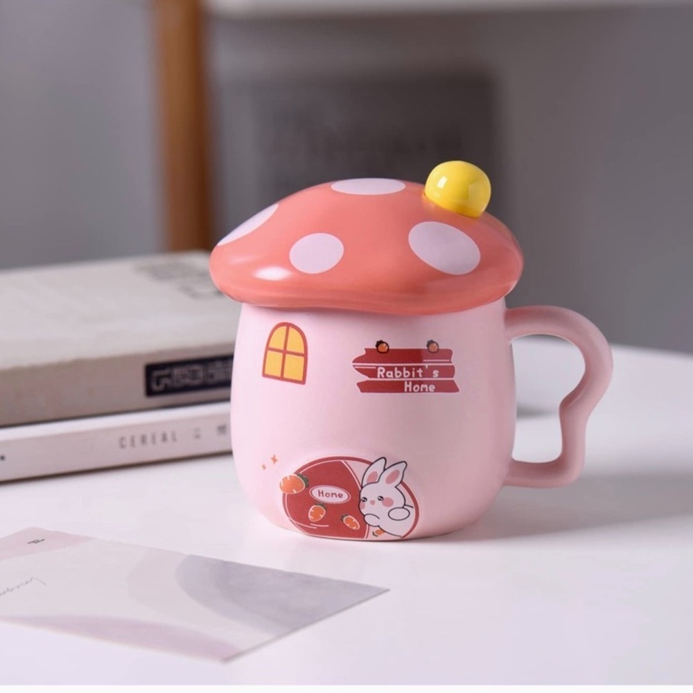 Pink Mushroom House Mug with Lid and Spoon, NIB 🍄 🥄